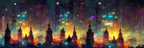 night city light neon red yellow vblurred lstreet light and buidings silhouette abstract banner painting  © Aleksandr
