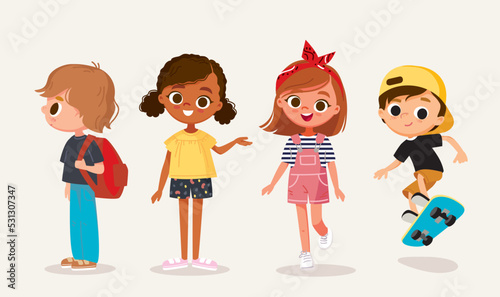 Set of preschoolers children teenagers characters in different poses, clothes, wear. School kids vector.