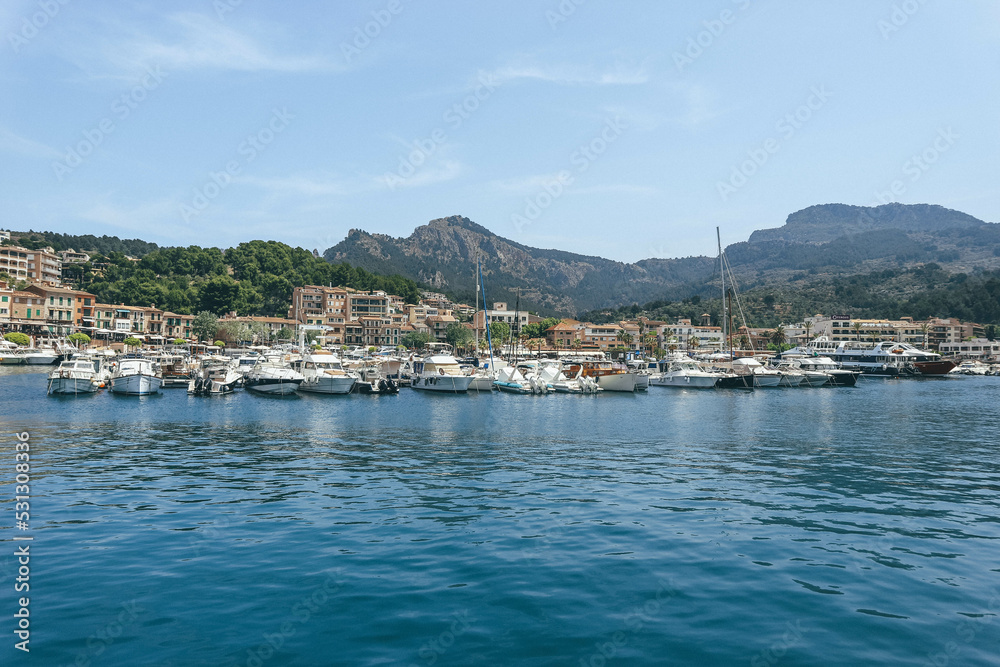 Beautiful look at mediterranean seaport with small wooden boats 