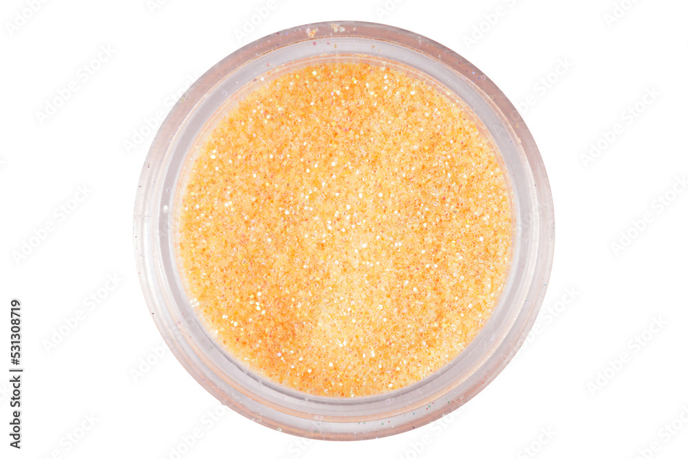 colored sequins in a plastic jar isolated on a white