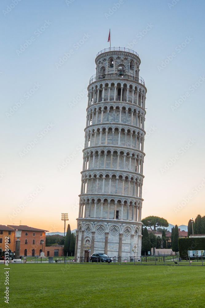 Isolated Pisa tower at sunrise without people
