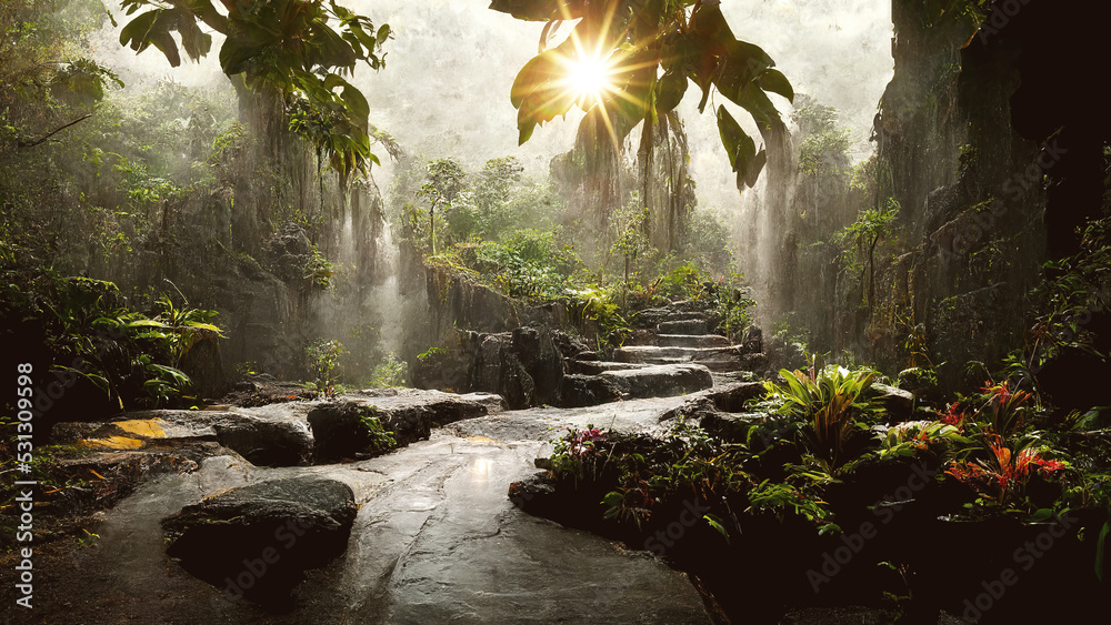 Fototapeta premium Hiking trail through tropical rainforest with waterfall and stones