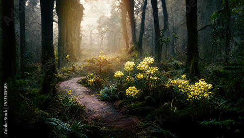 Small hiking trail trough German forest with flowers