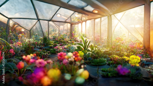 Full greenhouse with many colorful flowers on sunny day