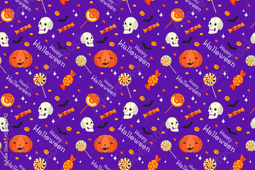 Trick or treat Halloween design seamless pattern for wrapping paper, package. Sweets, candy, pumpkin, skull, violet background for web, banner, poster, notebook. Spooky night celebration. 