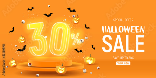 Halloween sale banner template. Vector illustration with soaring podium and neon numbers with amount of discount. Vector illustration. Ad background with 3d stage for Halloween sale.