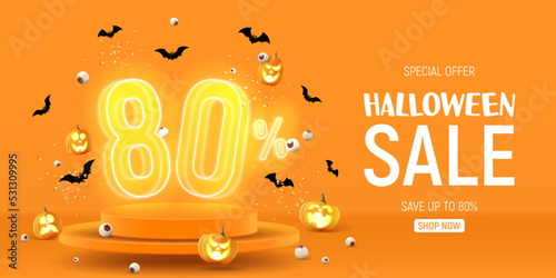 Halloween sale banner template. Vector illustration with soaring podium and neon numbers with amount of discount. Vector illustration. Ad background with 3d stage for Halloween sale.