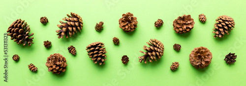 Christmas pine cones on colored paper border composition. Christmas  New Year  winter concept. Flat lay  top view  copy space