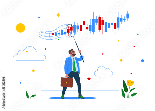 Businessman trying to catch candlestick chart business. Trader make profit with investment trading, stock market growth, get rich from Crypto trading. Flat vector illustration.