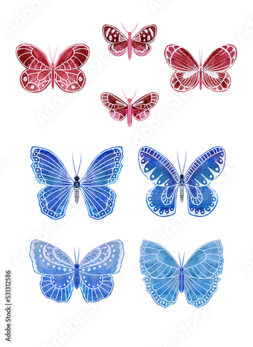 a set of 8 hand drawn isolated butterflies. watercolor butterfly as a design element