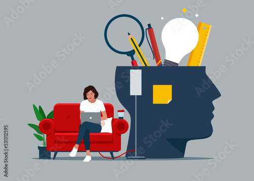 Open Mind, New Skills and Creative Abilities. Business creative idea. Girl freelancer sitting on sofa. Flat vector illustration.