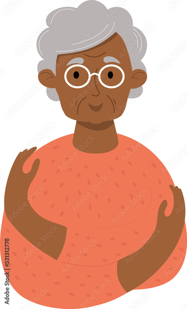 Fototapeta premium Happy black ethnic elderly woman. pensioner character. concept love yourself