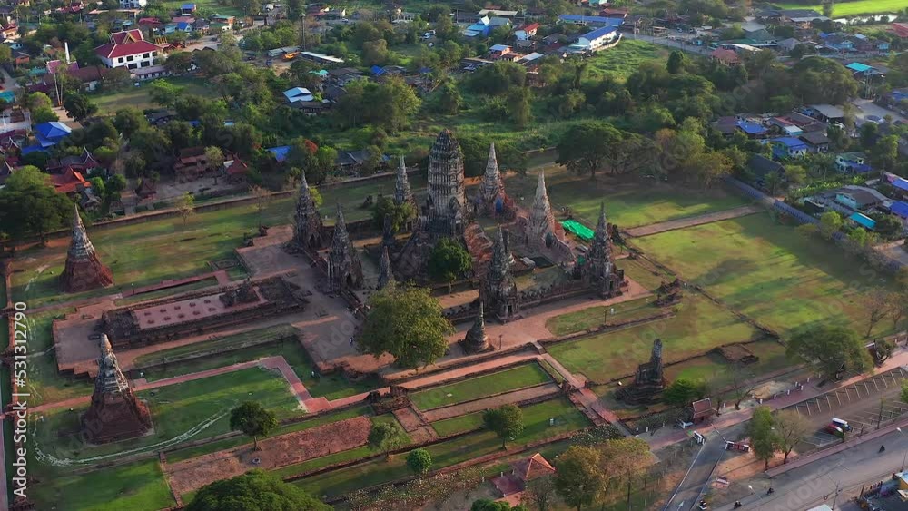 Aerial view of Wat Chaiwatthanaram ruin temple in Ayutthaya, Thailand