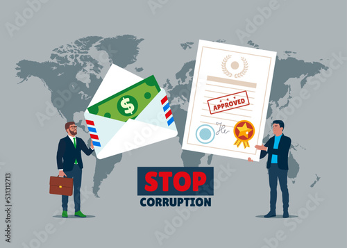 Stop bribery and corruption. Businessman gives envelope with banknotes, other man holds accepted contract. Successful bribe deal. Flat Vector illustration.