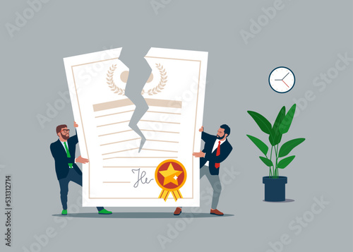 Contract termination. Two businessman tearing document apart. The end of agreement. Flat vector illustration.