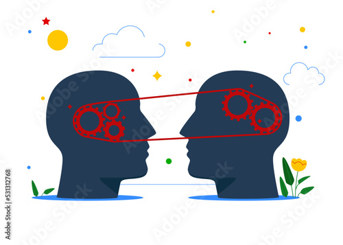Collaboration and synergy. Connected mind mechanisms of the people. Flat vector illustration.