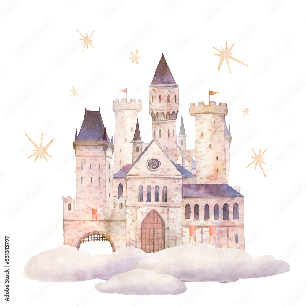 Watercolor fantasy castle. Sky kingdom with clouds. Fairytale illustration