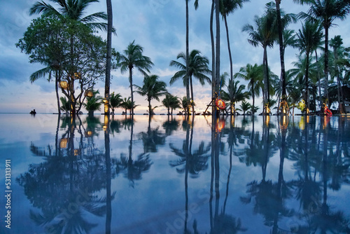Many coconut trees and reflections on the water surface of the swimming pool in the evening.