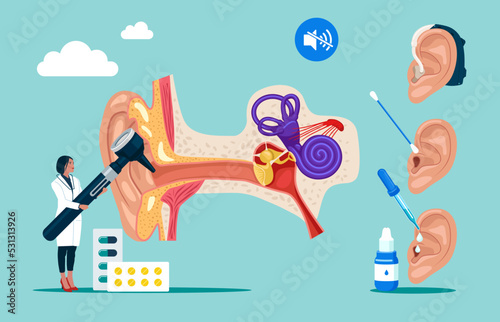 Outer inner and middle ear diagram. Doctor otolaryngologist. Otolaryngology clinic concept. Deafness examination and treatment. Vector illustration.