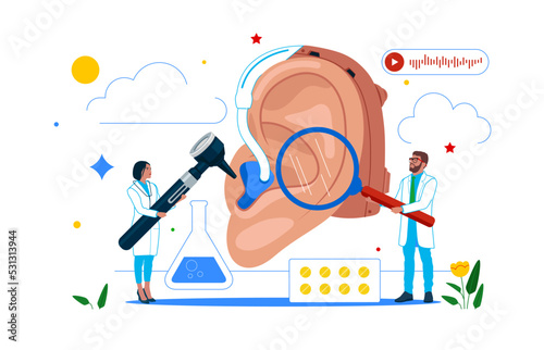 Team of doctors. Otolaryngology consultation and deaf study concept. Ear, otoscope, hearing aid device symbol. Vector flat medical illustration. 