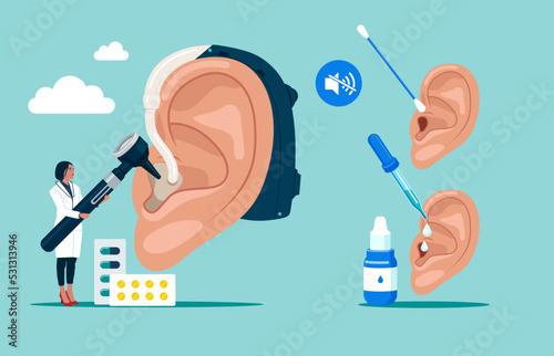 Personal hygiene routine and care. Removing cerumen, otitis treatment with serum medical drops Human ears with aerophone, cotton swab and pipette.Hearing protection. Vector illustration.