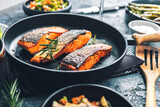 Roasted salmon fillet steak in a pan