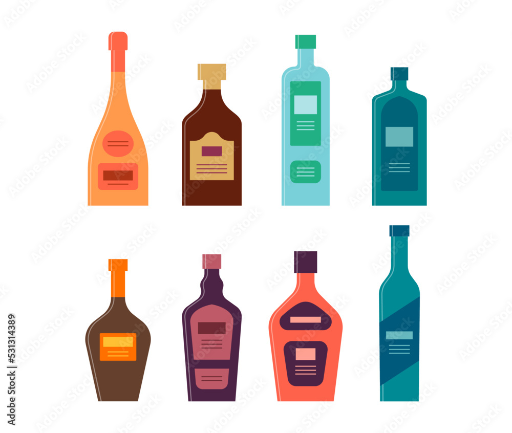 Set bottles of champagne rum gin tequila cognac liquor balsam vodka. Icon bottle with cap and label. Graphic design for any purposes. Flat style. Color form. Party drink concept. Simple image shape Set bottles of champagne rum gin tequila cognac liquor balsam vodka. Icon bottle with cap and label. Graphic design for any purposes. Flat style. Color form. Party drink concept. Simple image shape
