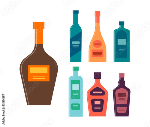 Set bottles of balsam vodka champagne gin tequila rum liquor. Icon bottle with cap and label. Graphic design for any purposes. Flat style. Color form. Party drink concept. Simple image shape