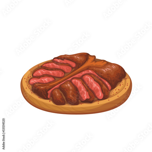 Bistecca alla fiorentina, Italian barbecue food vector illustration. Cartoon isolated wooden board with meat of grilled steak made of young beef cut in slices, beefsteak on plate in cuisine of Italy