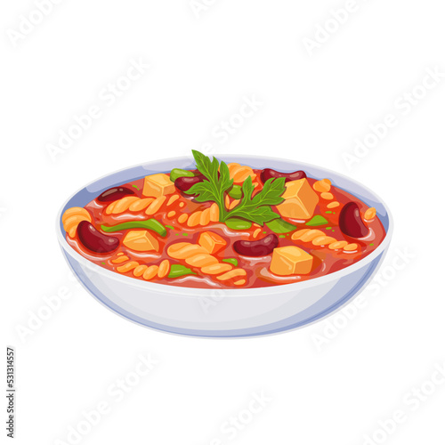 Minestrone, Italian food vector illustration. Cartoon isolated glass bowl with pasta, beans and vegetables, cheese and tomatoes in homemade thick soup, gourmet minestrone dish in cuisine of Italy