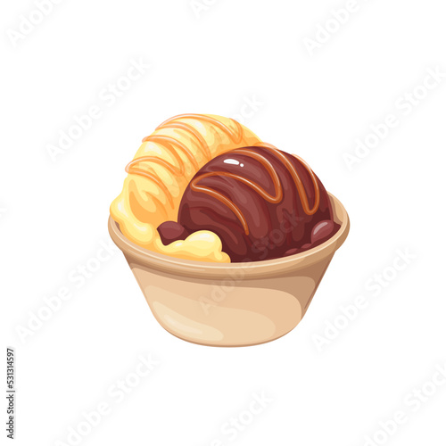 Gelato, Italian ice cream vector illustration. Cartoon isolated glass bowl with gelato, soft balls of creamy sundae with vanilla and chocolate flavor, recipe of frozen dessert and snack from Italy