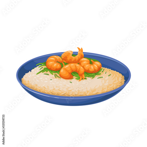 Risotto with seafood, Italian food vector illustration. Cartoon isolated glass bowl with creamy arborio rice cooked with broth and wine, butter and parmesan cheese, recipe in cuisine of Italy