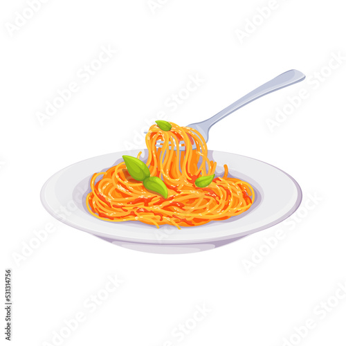 Italian pasta with tomato red sauce and basil leaf vector illustration. Cartoon isolated glass bowl with gourmet tomato spaghetti and cheese, vegetarian recipe for lunch or dinner in cuisine of Italy