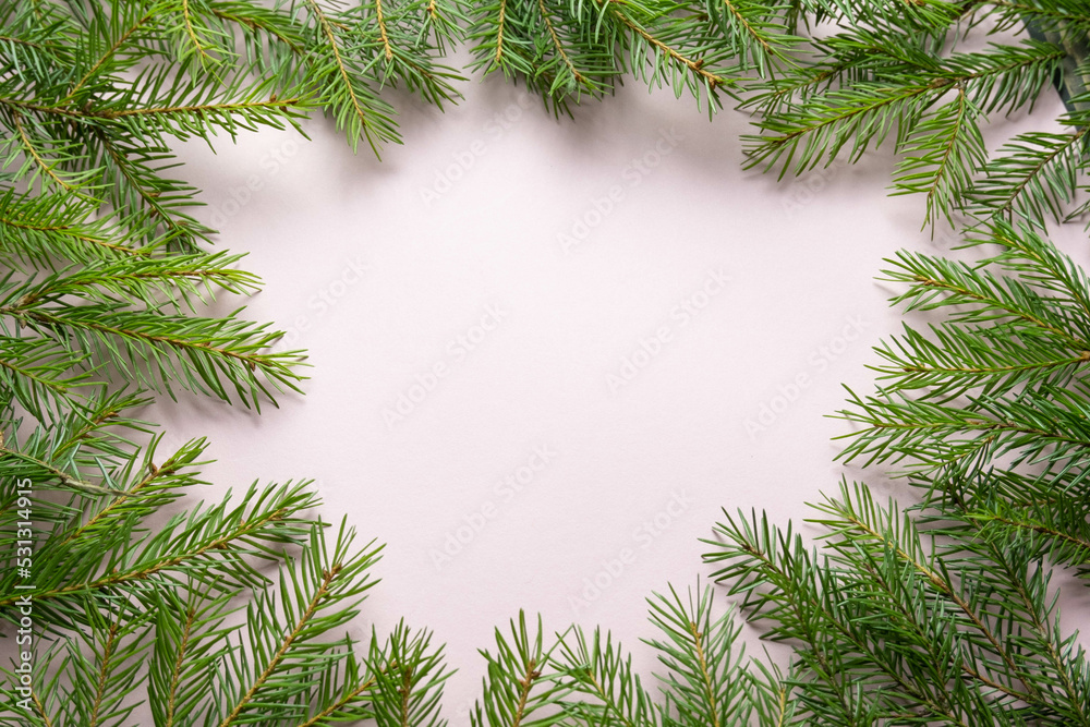 spruce twigs with cones on a pink background with a place for the text mockup, the concept of the new year