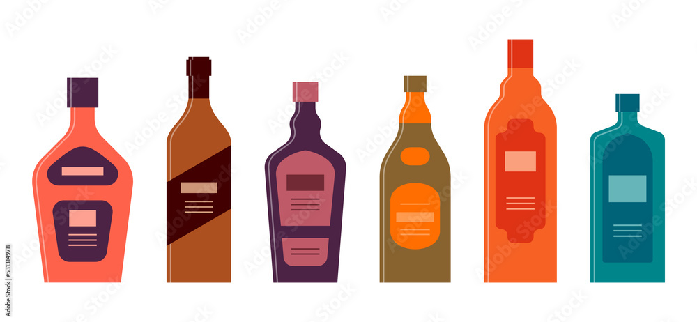Set bottles of tequila balsam liquor whiskey brandy gin. Icon bottle with cap and label. Graphic design for any purposes. Flat style. Color form. Party drink concept. Simple image shape Set bottles of tequila balsam liquor whiskey brandy gin. Icon bottle with cap and label. Graphic design for any purposes. Flat style. Color form. Party drink concept. Simple image shape