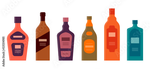 Set bottles of tequila balsam liquor whiskey brandy gin. Icon bottle with cap and label. Graphic design for any purposes. Flat style. Color form. Party drink concept. Simple image shape