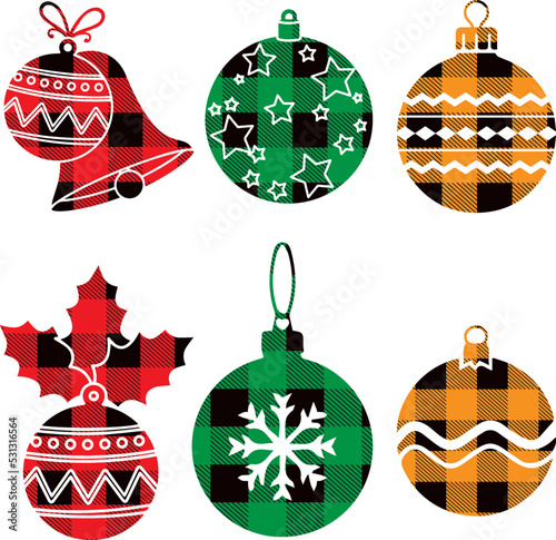 Christmas set balls with Buffalo plaid, gingham ornament in red, green, blue, black and snowflakes. Tartan plaid for festive background. Design for greeting card, pattern, banner. 