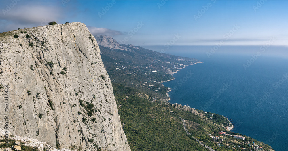 Panoramic view of Foros kant of Ai-Petry plateau at Black sea coast background in Crimean peninsula