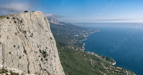 Panoramic view of Foros kant of Ai-Petry plateau at Black sea coast background in Crimean peninsula