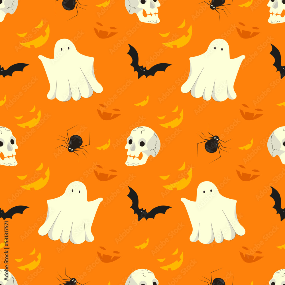 Halloween seamless pattern design with ghost, bat, spider, skull and smiling pumpkin. Vector illustration for wallpaper, wrapping paper, banner, web, frame, party celebration. Halloween seamless pattern design with ghost, bat, spider, skull and smiling pumpkin. Vector illustration for wallpaper, wrapping paper, banner, web, frame, party celebration.