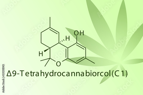 Δ9-Tetrahydrocannabiorcol molecular structure on green with leaf illustration background. Pharmaceutical natural compound skeletal formula.