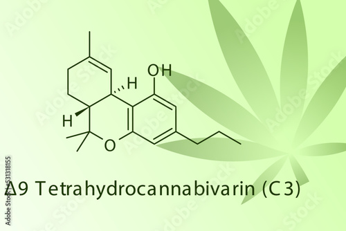 Δ9-Tetrahydrocannabivarin molecular structure on green with leaf illustration background. Pharmaceutical natural compound skeletal formula.