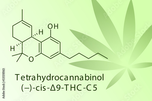 Tetrahydrocannabinol molecular structure on green with leaf illustration background. Pharmaceutical natural compound skeletal formula.