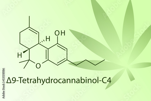 Δ9-Tetrahydrocannabinol-C4 molecular structure on green with leaf illustration background. Pharmaceutical natural compound skeletal formula.