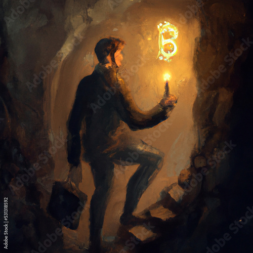Man in a rabbit hole walking in a dark cave following a Bitcoin logo