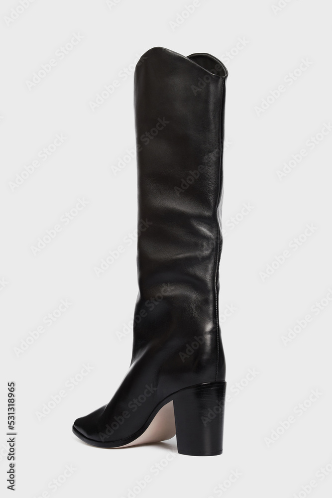 Blank black women's leather knee high boot isolated on white background. Female classic fashion spring autumn shoe with Pointy Toe, high heel. Behind side view. Template, mock up Blank black women's leather knee high boot isolated on white background. Female classic fashion spring autumn shoe with Pointy Toe, high heel. Behind side view. Template, mock up