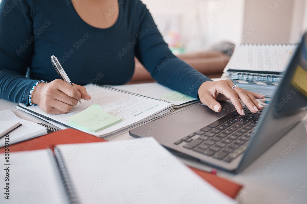 Fototapeta premium Notebook, laptop and writing hands of black woman or accounting financial consultant in home office working online. Consulting person studying internet market economy with loan finance document notes