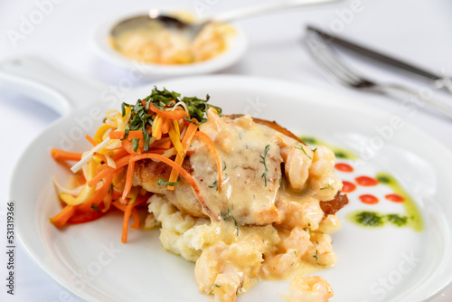Typical colombian food, sea bass with shrimp