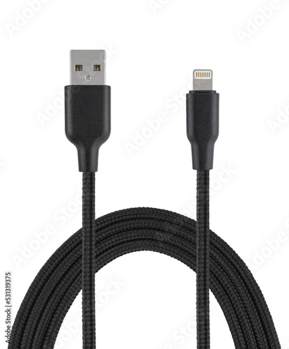 cable with USB and Lightning connector, on white background