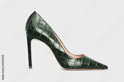 Fotografie Emerald pointy toe women's shoes with high heels isolated on white background